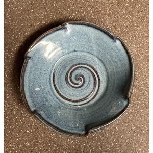 S. DePerrot Lititz PA Studio Pottery Spoon Rest Blue Spiral Redware Trinket Dish